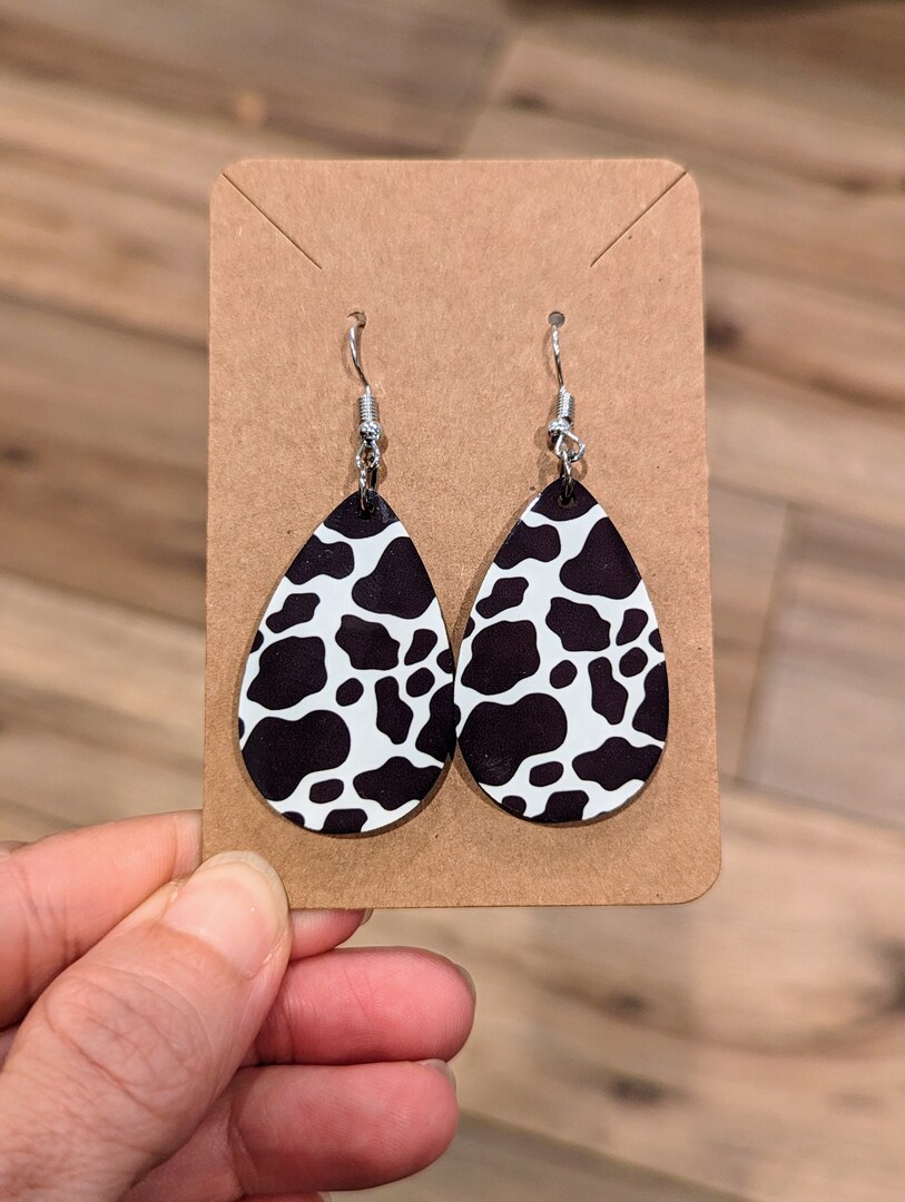 Cow Print Leopard Earrings - Genuine Leather & Wood Teardrop Dangle Earrings For Women